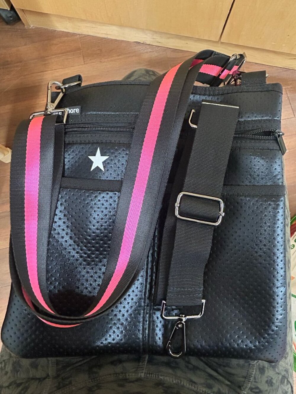 Haute Shore Black & Silver Neoprene Zip Top Star Perforated Crossbody Bag Black - Picture 3 of 3